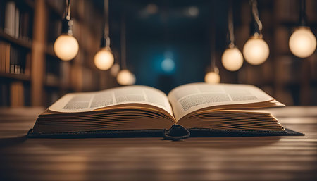 An open book rests on a wooden table in a dimly lit library, illuminated by soft warm light from...