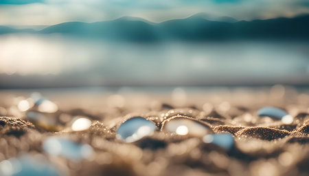 A close-up shot of seashells lying on a sandy beach with a blurred background of a mountain range and a blue sky.の写真素材