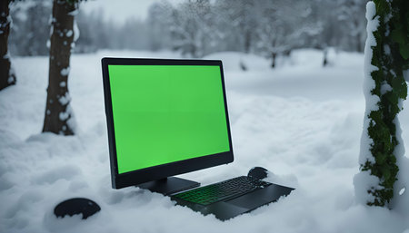 A laptop with a green screen sits in the snow of a forest in winter, with trees in the background and white snow covering the ground.の写真素材
