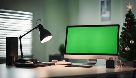A modern desktop with a green screen monitor and a small Christmas tree in the background. A lamp...