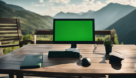 A desktop setup with a green screen monitor, keyboard, and mouse situated on a wooden table outdoors with a stunning mountain vista in the background.の写真素材