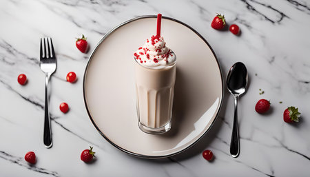 A milkshake with whipped cream and red sprinkles on a plate with a spoon and fork.の写真素材