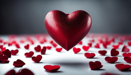 A single large red heart floats above a white background scattered with smaller hearts. The image...