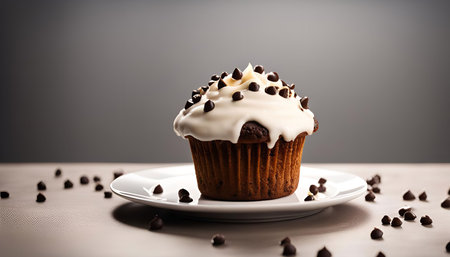 A single chocolate chip cupcake with white icing and chocolate chips on top, sitting on a white...