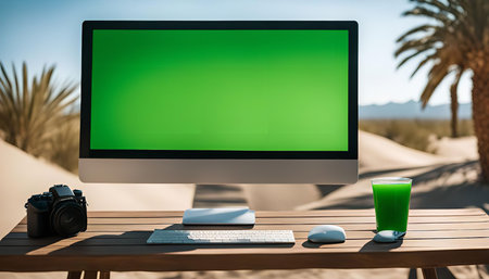 A desktop computer with a green screen placed on a wooden table in the desert, a camera, a glass of...