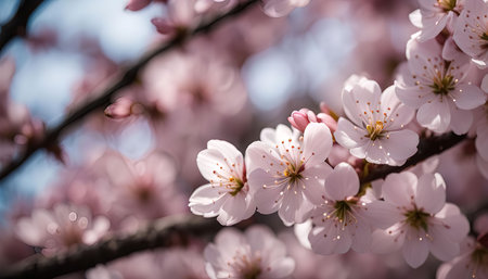 Close-up image of pink cherry blossoms in full bloom, showing their delicate petals and intricate...