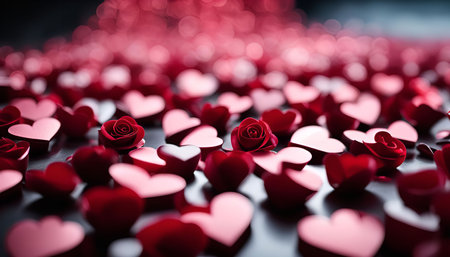 A close-up image of red roses and hearts, representing love and romance, perfect for Valentine's...
