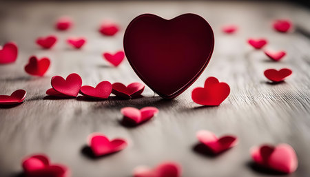 Red paper hearts scattered on a wooden surface with a red heart shaped gift box in the center. A...