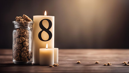 A still life image featuring a lit candle with the number 8 on it, surrounded by other candles,...