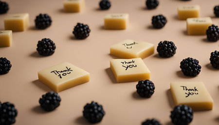 Close-up of a flat lay with yellow square chocolates written 'thank you' and blackberries, perfect for a gratitude themeの写真素材