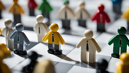 A close-up view of colorful toy people standing on a checkerboard. The figures represent different individuals and their diverse qualities, highlighting concepts of teamwork, leadership, and decision-making in business and life.の写真素材