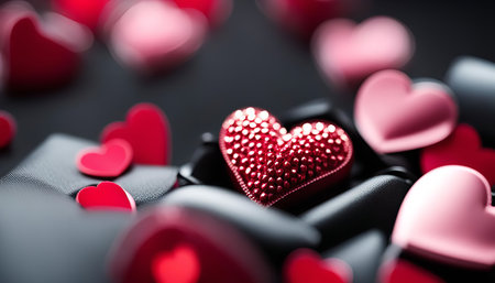 A red heart with glitter, surrounded by other pink hearts, on a black fabric background, symbolizing love and romance for Valentines Day.の写真素材