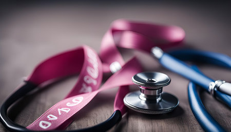Close-up image of a stethoscope and a pink ribbon on a wooden surface, emphasizing the importance of healthcare and medical awareness.の写真素材