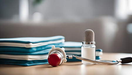 A close-up image of a stethoscope and other medical equipment on a wooden desk. The equipment is...