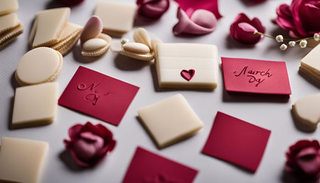 White chocolate treats and red decorations on a table, a beautiful setting for a special occasion.