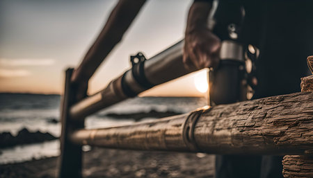 A silhouette of a person standing by a wooden fence, the setting sun casts a warm glow over the...
