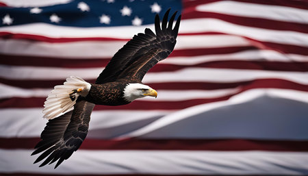 A bald eagle in flight with an American flag in the background.