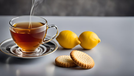 A steaming cup of tea, two lemons and cookies on a table.の写真素材