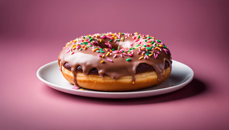 A single chocolate glazed donut with colorful sprinkles sitting on a white plate against a pink background.の写真素材