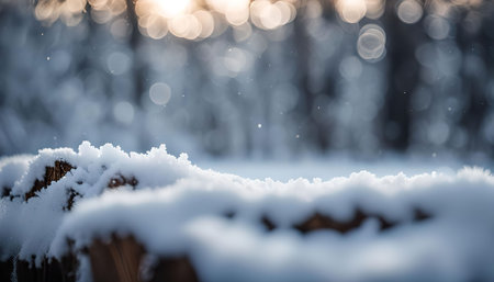 A close-up shot of snow-covered ground in a winter forest, with a blurry background.