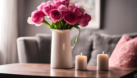 A close-up shot of a bouquet of pink roses in a white vase placed on a wooden table. Two white candles are in the foreground, adding to the cozy and romantic ambiance of the room.の写真素材