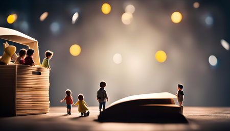 A miniature scene with small figures standing before a large open book, symbolizing the power of imagination and storytelling.の写真素材
