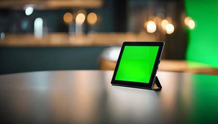 A tablet with a green screen placed on a table in a modern restaurant with a blurred background. The...