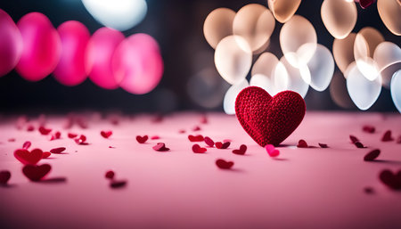 A single red heart on a pink background with bokeh lights in the background.の写真素材