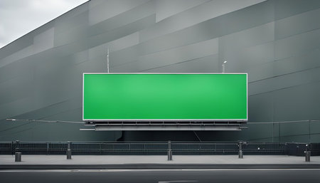 A large green screen billboard mounted on a gray building in an urban setting.の写真素材