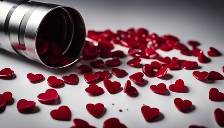 A metallic container overflowing with red hearts scattered on a white surface, representing love and affection.の写真素材
