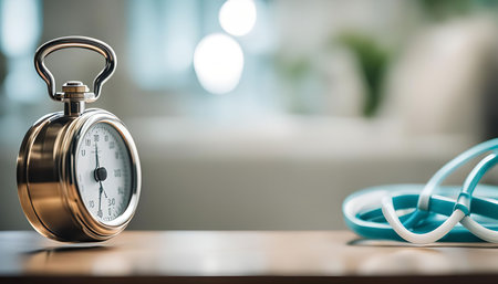 A vintage stopwatch and a stethoscope are placed on a wooden table. The stopwatch is in focus, and...