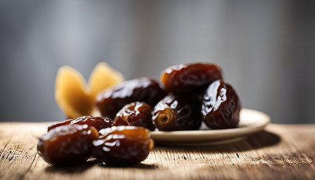 Close up shot of dates on a white plate with a blurred background. The dates are arranged in a pile,...