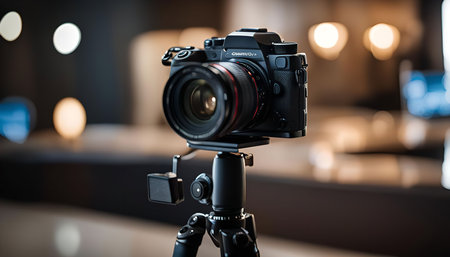 A professional camera with a lens mounted on a tripod, ready for filming or photography