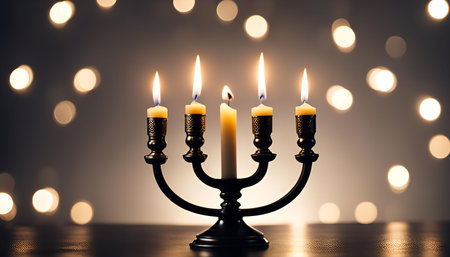 A beautiful image of a candlestick with five lit candles in the center with a bokeh effect in the background. The candle flames are casting a warm glow on the surface.の写真素材