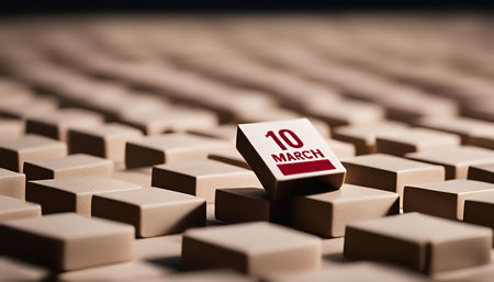 A single calendar block with the date 10 March, standing out on a grid of similar blocks.の写真素材