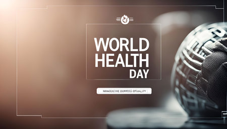 A close-up image of a globe with the text "World Health Day" superimposed, symbolizing global health and well-being.の写真素材
