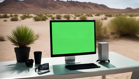 A computer with a green screen sits on a table in a desert setting. The monitor is facing the...