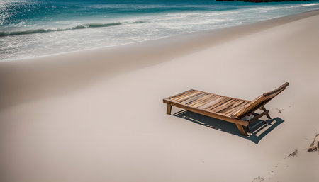 A single wooden beach chair sits on a pristine white sand beach, overlooking a calm ocean. The image evokes a sense of relaxation and tranquility, inviting you to imagine yourself soaking up the sun and escaping to paradise.の写真素材