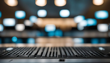 A close-up shot of an audio mixing console with blurred lights in the background, showing the...
