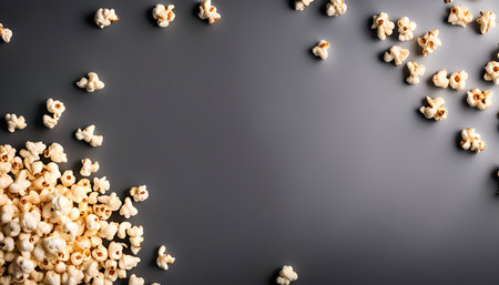 A scattering of popcorn on a gray background, creating a simple and inviting food image.の写真素材