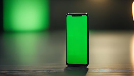 A smartphone with a green screen standing upright on a table with a blurred background.