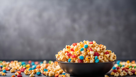 A bowl of popcorn with colorful candies, perfect for a movie night or party snack.の写真素材