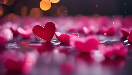 A close-up shot of two pink hearts with bokeh and sparkles in the background, a romantic and festive...