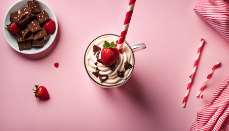 A close-up top view of a chocolate milkshake topped with whipped cream and a strawberry. The milkshake is surrounded by straws, a napkin, a strawberry and chocolate squares on a white plate.の写真素材