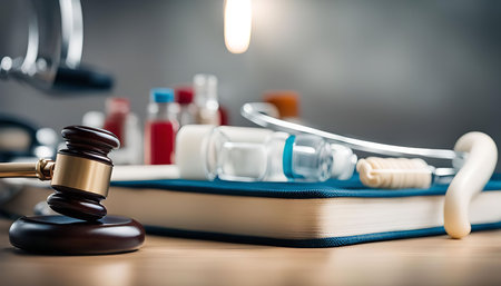 A close-up image of a wooden gavel, a stethoscope, and medicine bottles arranged on a book, symbolizing the intersection of law and medicine.の写真素材