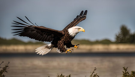 A bald eagle in flight with its wings spread wide, against a blurred background of water and trees.