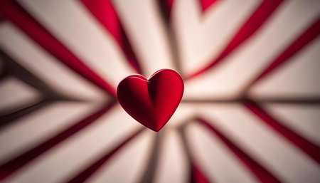A red heart in focus floats against a swirling background of blurred red and white lines.の写真素材