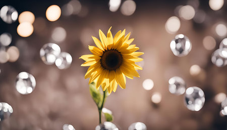 A single sunflower blooms in a backdrop of soft, blurry bokeh lights. The vibrant yellow petals and...