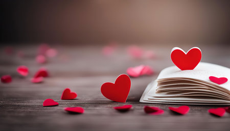 A book with open pages on a wooden table, a red paper heart sitting on the top and many hearts scattered around the book.の写真素材
