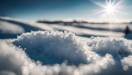 Close-up view of snowdrift in winter, sunlight shining brightly, creating a beautiful, sparkling effect.の写真素材